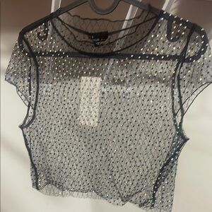 Sheer Black Mesh Top with Rhinestones